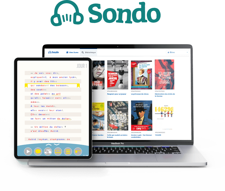 Logo Sondo et une image avec une tablette et un ordinateur démontrant l'utilisation de Sondo